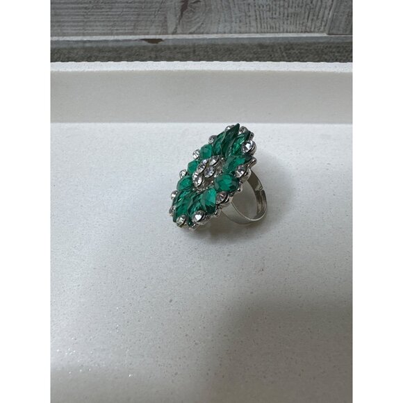 Green & Clear Rhinestone Adjustable Cocktail Ring Statement Floral Design - Picture 3 of 4